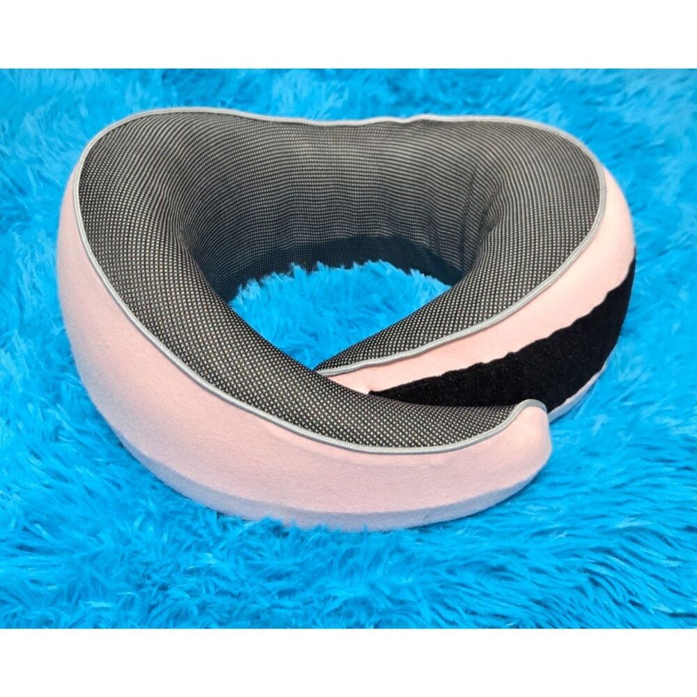 Contoured Memory Foam Neck Travel Pillow with a drawstring carrying bag- Pink